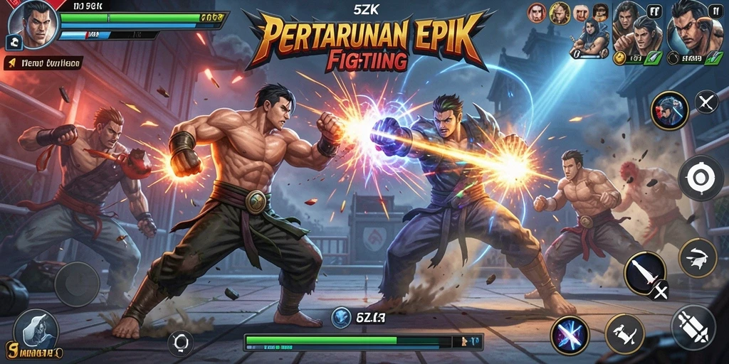 Screenshot utama 5ZK menampilkan pertarungan intens dalam arena Fighting.