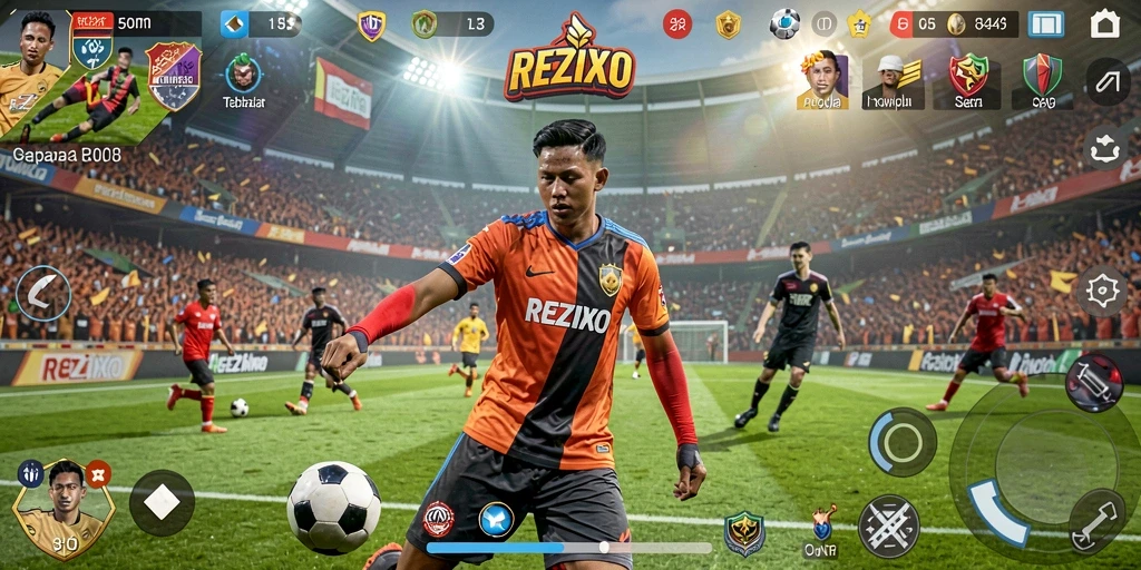 Tampilan gameplay seru dalam REZIXO yang menampilkan aksi sepak bola.
