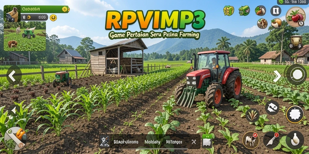 Screenshot gameplay RPVIP3 yang menampilkan ladang luas dan hewan ternak.
