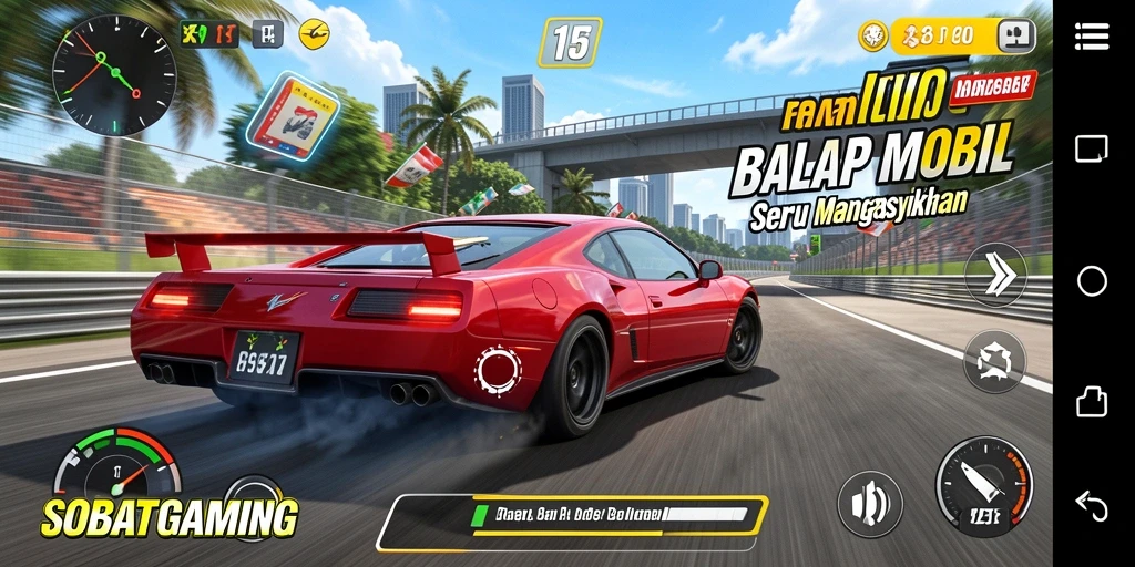 Tangkapan layar menampilkan aksi balapan seru di SOBATGAMING.